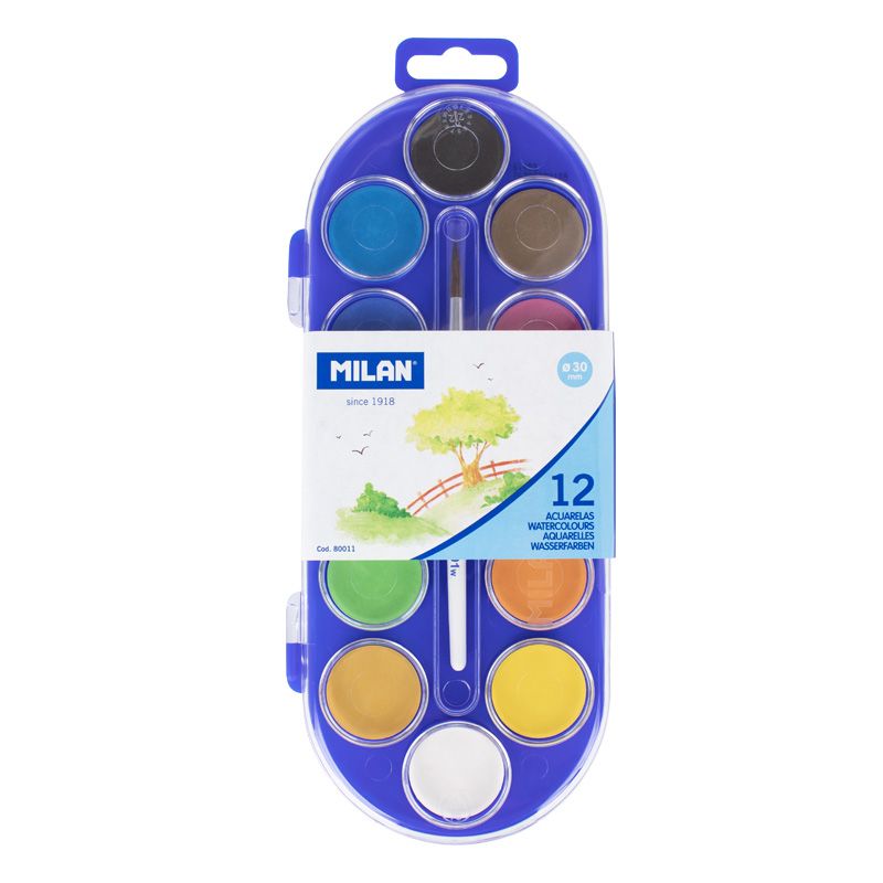 Estuche 12 pastillas acuarelas Ø 30 mm con pincel